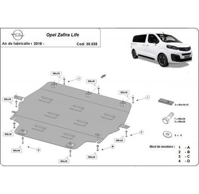 Cubre carter de Acero para Opel Zafira Life Año: 2019 - 2025 Grosor: "2"mm Todas las motorizaciones