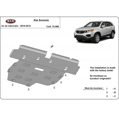 Cubre carter de Acero para Kia Sorento XM (Pre-facelift) Año: 2010 - 2012 Grosor: "2"mm Todas las motorizaciones