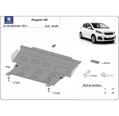 Cubre carter de Acero para Peugeot 108 Año: 2014 - 2021 Grosor: "2"mm Todas las motorizaciones