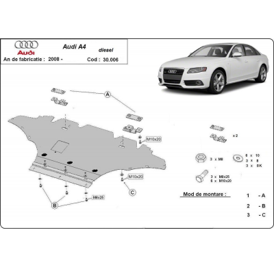Cubre carter de Acero para Audi A4 B8 All Road, diésel Año: 2008 - 2014 Grosor: "2"mm 2.0TFSI, 2.0Tdi, quatro, 2.7TDI
