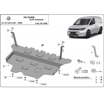 Cubre carter de Acero para VW Caddy - caja de cambios automática Año: 2020 - 2025 Grosor: "2"mm Todas las motorizaciones automát