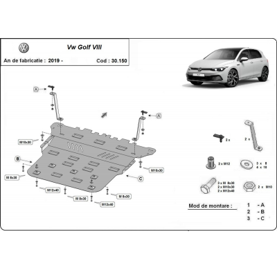 Cubre carter de Acero para VW Golf 8 Año: 2019 - 2025 Grosor: "2"mm Todas las motorizaciones