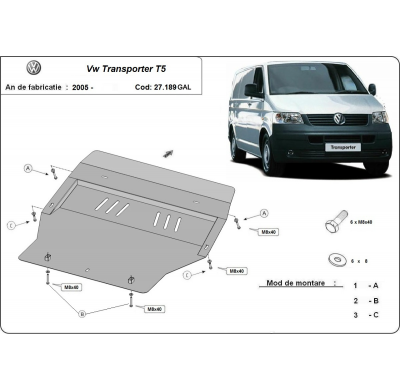 Cubre carter de Acero galvanizado para Volkswagen Transporter T5 Año: 2004 - 2015 Grosor: "2"mm Todas las motorizaciones