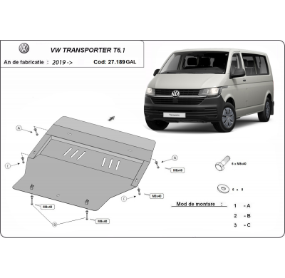 Cubre carter de Acero galvanizado para Volkswagen Transporter T6.1 Año: 2019 - 2023 Grosor: "2"mm Todas las motorizaciones