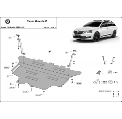 Cubre carter de Aluminio para el motor y caja de cambios del Skoda Octavia 3 Año: 2012 - 2020 Grosor: "3"mm Todas las motorizaci