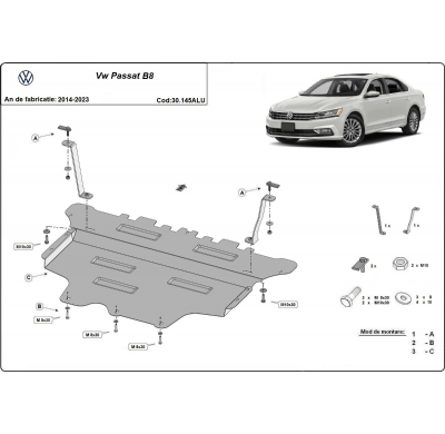 Cubre carter de Aluminio para VW Passat B8 Año: 2014 - 2023 Grosor: "3"mm Todas las motorizaciones