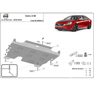 Cubre carter de Aluminio para el motor y caja de cambios del Volvo S60 Año: 2010 - 2018 Grosor: "3"mm Todas las motorizaciones
