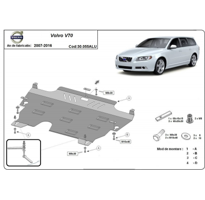 Cubre carter de Aluminio para Volvo V70 Año: 2007 - 2016 Grosor: "3"mm Todas las motorizaciones