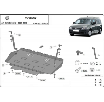 Cubre carter de Aluminio para VW Caddy Año: 2004 - 2012 Grosor: "3"mm Todas las motorizaciones
