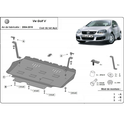 Cubre carter de Aluminio para VW Golf MK5 Año: 2004 - 2010 Grosor: "3"mm Todas las motorizaciones