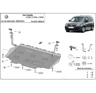 Cubre carter de Aluminio para Volkswagen Caddy Año: 2009 - 2019 Grosor: "3"mm 1.2 TSI, 1.4 TSI, 1.6 TDI