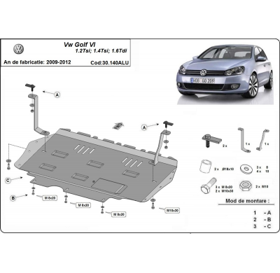 Cubre carter de Aluminio para VW Golf 6 Año: 2009 - 2012 Grosor: "3"mm 1.2 TSI, 1.4 TSI, 1.6 TDI