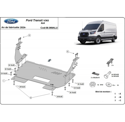 Cubre carter de Aluminio para Ford Transit V363 4x4 Año: 2024 - 2025 Grosor: "3"mm Todas las motorizaciones