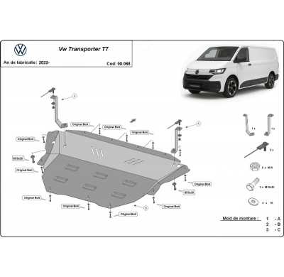 Cubre carter de Acero para furgoneta Volkswagen Transporter T7 Año: 2023 - 2025 Grosor: "2"mm Todas las motorizaciones
