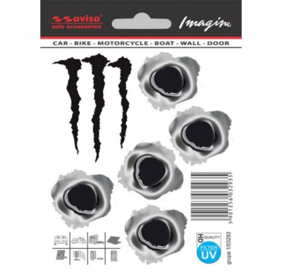 Pegatina 5 Agujeros De Bala 3,5x3x5 Cm + Monstruo 4,5x6,5cm - Negro / Metal