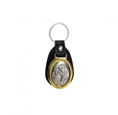 Llavero de acero inoxidable y cuero - 'St.Christopher' (plata)