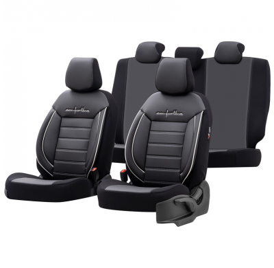 Juego De Fundas De Asiento Universales De Cuero/Tela 'Comfortline' Negro/Gris + Ribete Blanco - 11 Piezas - Apto Para Airbags La