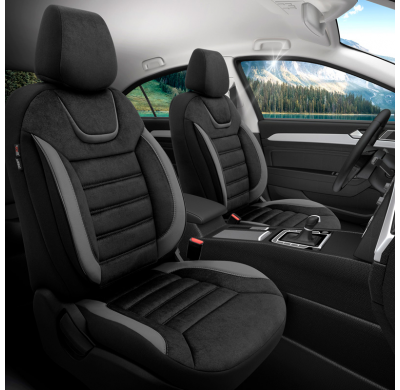 Juego De Fundas De Asiento Universales De Ante/Cuero/Tela 'Iconic' Negro/Gris - 11 Piezas - Valido Para Bolsas De Aire Laterales