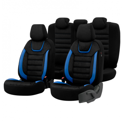 Juego De Fundas De Asiento Universales De Ante/Cuero/Tela 'Iconic' Negro/Azul - 11 Piezas - Valido Para Bolsas De Aire Laterales