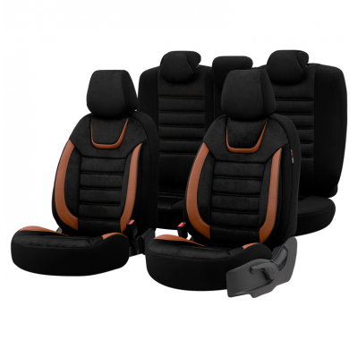 Juego De Fundas De Asiento Universales De Ante/Cuero/Tela 'Iconic' Negro/Terracota - 11 Piezas - Valido Para Bolsas De Aire Late