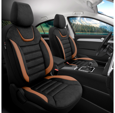 Juego De Fundas De Asiento Universales De Ante/Cuero/Tela 'Iconic' Negro/Terracota - 11 Piezas - Valido Para Bolsas De Aire Late