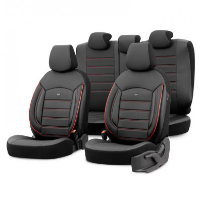 Juego de fundas de asientos universales en cuero 'Inspire' negro + detalles en rojo - 11 piezas - apto para airbags laterales