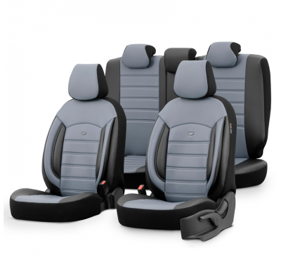 Juego de fundas de asientos universales en cuero 'Inspire' negro/gris - 11 piezas - apto para airbags laterales