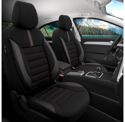 Juego De Fundas De Asiento Universales De Tela/Cuero 'Limited' Negro + Costuras Rojas - 11 Piezas - Valido Para Bolsas De Aire L