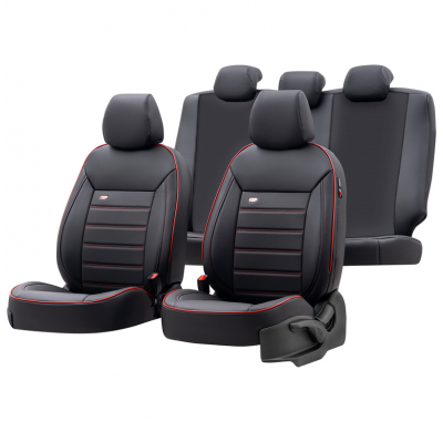 Juego De Fundas De Asiento Universales De Cuero "Premium" Negro + Ribete Rojo - 11 Piezas - Apto Para Airbags Laterales