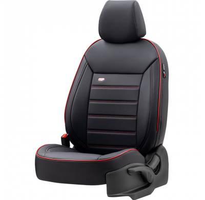 Juego De Fundas De Asiento Universales De Cuero "Premium" Negro + Ribete Rojo - 11 Piezas - Apto Para Airbags Laterales