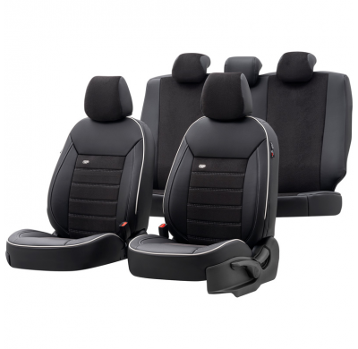 Juego De Fundas De Asiento Universales De Cuero/Vellón 'Premium' Negro + Ribete Blanco - 11 Piezas - Apto Para Airbags Laterales