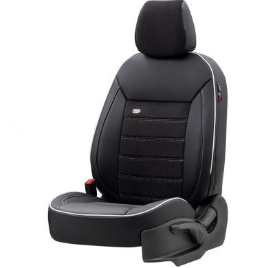 Juego De Fundas De Asiento Universales De Cuero/Vellón 'Premium' Negro + Ribete Blanco - 11 Piezas - Apto Para Airbags Laterales