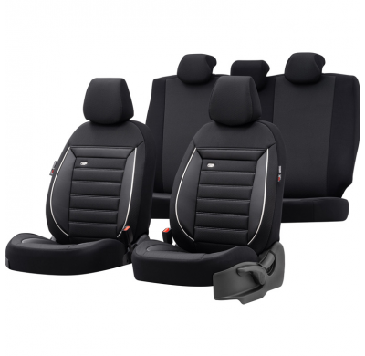 Juego De Fundas De Asiento Universales De Tela 'Prestige' Negro/Carbón + Ribete Blanco - 11 Piezas - Apto Para Airbags Laterales