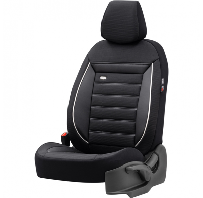 Juego De Fundas De Asiento Universales De Tela 'Prestige' Negro/Carbón + Ribete Blanco - 11 Piezas - Apto Para Airbags Laterales