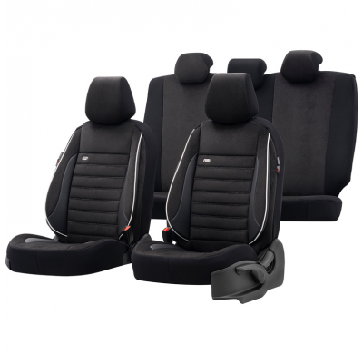 Juego De Fundas De Asiento Universales De Cuero/Tejido 'Royal' Negro + Ribete Blanco - 11 Piezas - Apto Para Airbags Laterales