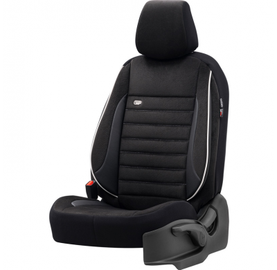 Juego De Fundas De Asiento Universales De Cuero/Tejido 'Royal' Negro + Ribete Blanco - 11 Piezas - Apto Para Airbags Laterales