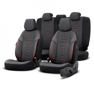 Juego de fundas de asiento universales en lino/cuero/tela 'Throne' negro/gris/rojo - 11 piezas - apto para airbags laterales