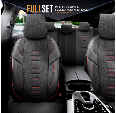 Juego de fundas de asiento universales en lino/cuero/tela 'Throne' negro/gris/rojo - 11 piezas - apto para airbags laterales
