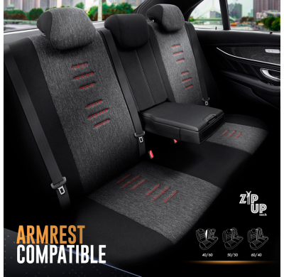Juego de fundas de asiento universales en lino/cuero/tela 'Throne' negro/gris/rojo - 11 piezas - apto para airbags laterales
