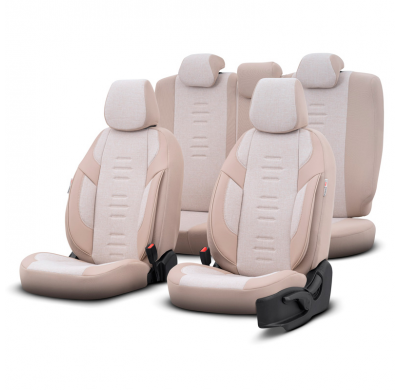 Juego de fundas de asiento universales en lino/cuero/tela 'Throne' Crema - 11 piezas - apto para airbags laterales