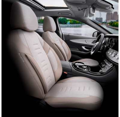 Juego de fundas de asiento universales en lino/cuero/tela 'Throne' Crema - 11 piezas - apto para airbags laterales