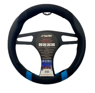 Funda para volante Simoni Racing Good Vibe B - 37-39cm - Ecopiel negra, microfibra, apariencia de carbono Detalles en azul