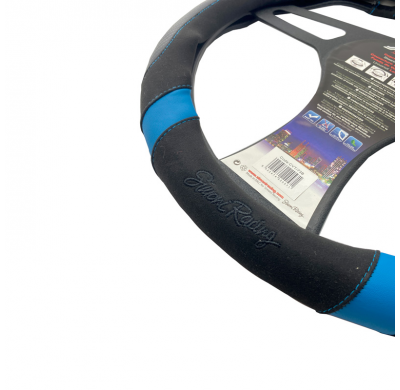 Funda para volante Simoni Racing Good Vibe B - 37-39cm - Ecopiel negra, microfibra, apariencia de carbono Detalles en azul