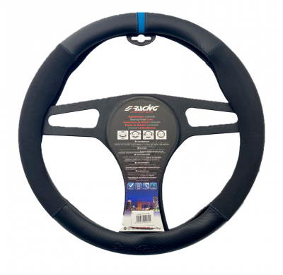 Funda para volante Simoni Racing Sporty - 37-39cm - Ecopiel negra, microfibra, aspecto de carbono Azul Marca de las 12 en punto