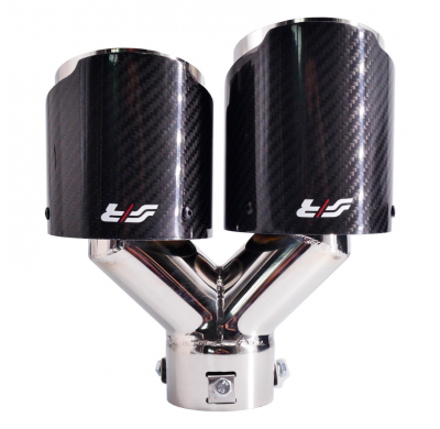 Cola de escape doble derecha redonda/inclinada Simoni Racing Inox y carbono - Ø102xL215-230mm - Instalación ->40-63mm