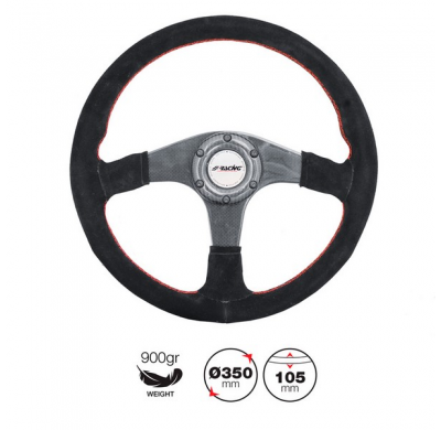 Volante Simoni Racing High-End Racing Walter 350mm - Carbono Auténtico - Ante Negro + Costuras Rojas