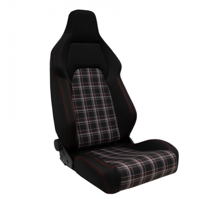 Asiento deportivo 'VGR' - Tela negra + Tela con estampado de cuadros rojos + Costuras rojas - Respaldo reclinable en ambos lados