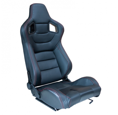 Asiento Deportivo 'Rk' - Piel Sintética Negra + Costuras Rojas - Respaldo Reclinable Por Ambos Lados - Incluye Guias Universales
