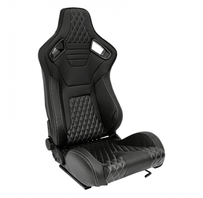 Asiento Deportivo 'Ak' - Piel Sintética Negra + Costura/Bordeado En Plata - Respaldo Reclinable Por Ambos Lados - Incluye Guias