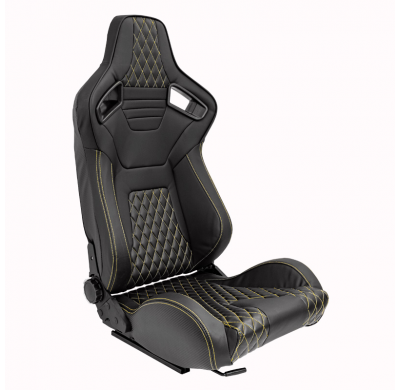 Asiento Deportivo "Ak" - Piel Sintética Negra + Costura/Bordeado Amarillo - Respaldo Reclinable Por Los Dos Lados -Incluye Guias